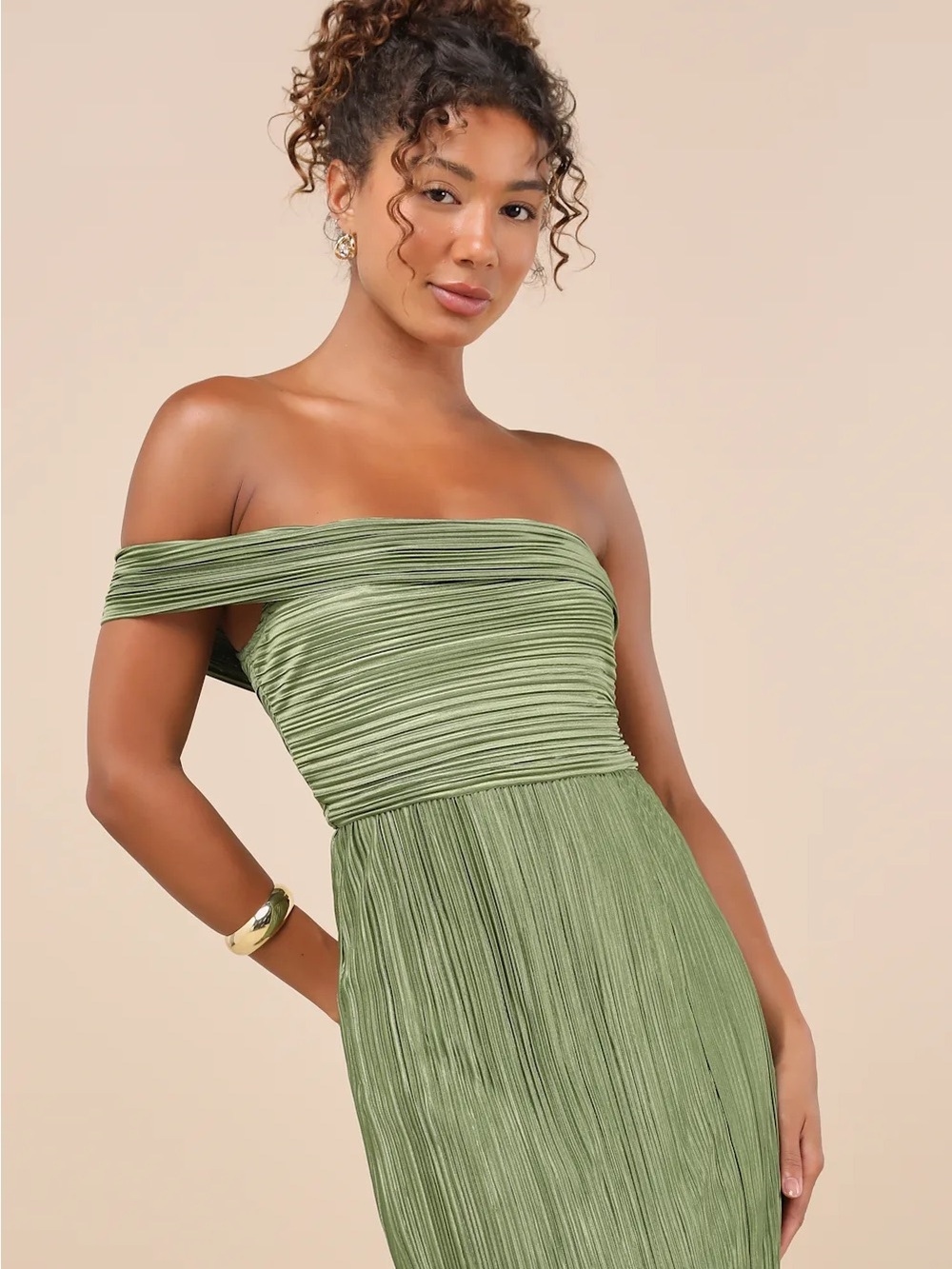 Lulu's Olive Green One-Shoulder Pleated Gown